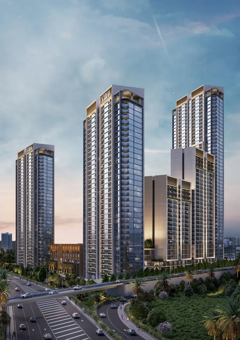 Sobha Orbis / Sobha Orbis / residential towers at dusk