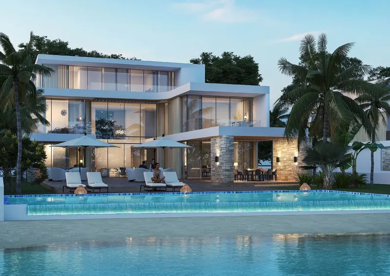 Sobha Siniya Island / Villenfassade, Pool und offene Terrasse am Abend